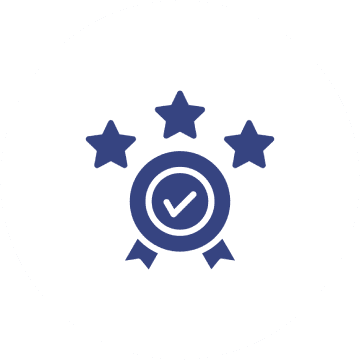 Blue icon with three stars and a checkmark badge symbolizing quality or achievement.